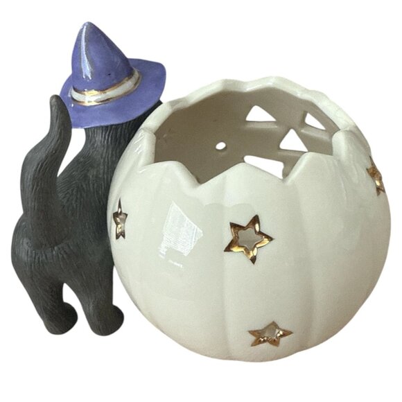 Lenox Halloween Cat Votive Pumpkin Candle Holder Witch Hat Gold Accent - Picture 6 of 8